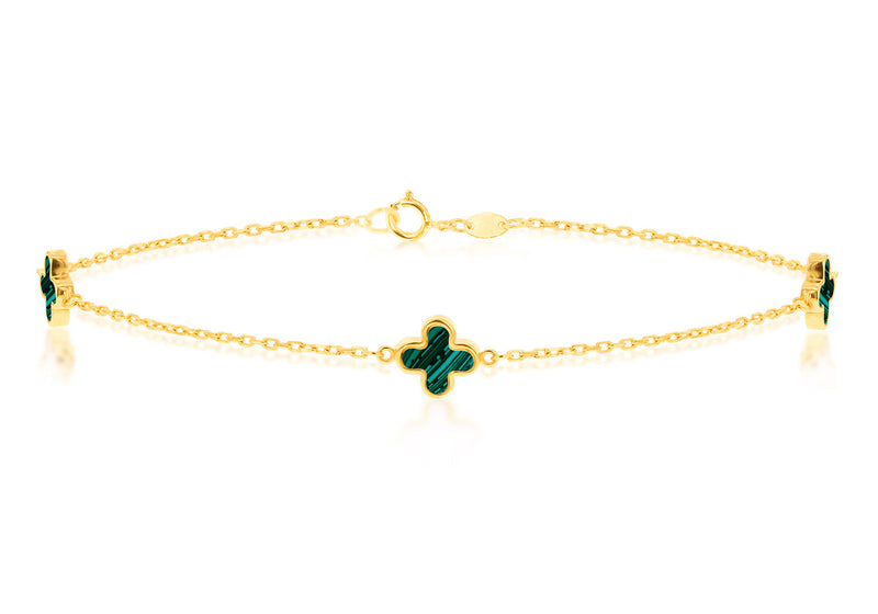 9K Yellow Gold 3 Malachite Petal Bracelet 19 cm