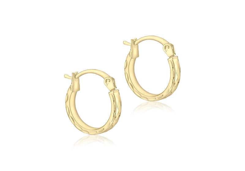 9K Yellow Gold Diamond Cut Hoop Earrings 10mm