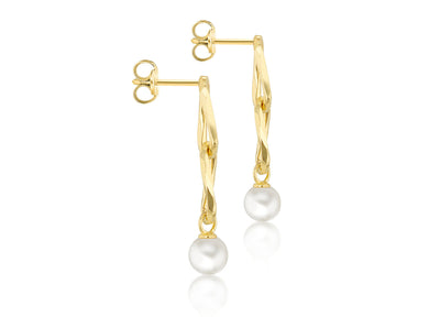 9K Yellow Gold Double Link Freshwater Pearl Drop Earrings