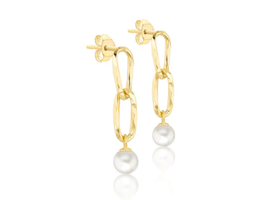 9K Yellow Gold Double Link Freshwater Pearl Drop Earrings