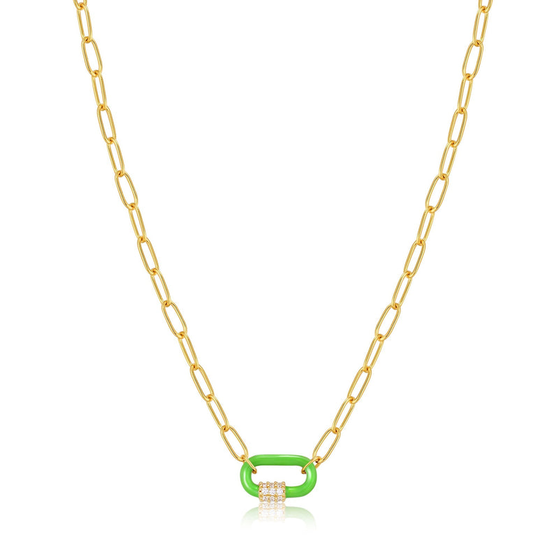 Ania Haie Neon Green Enamel Carabiner Gold Necklace