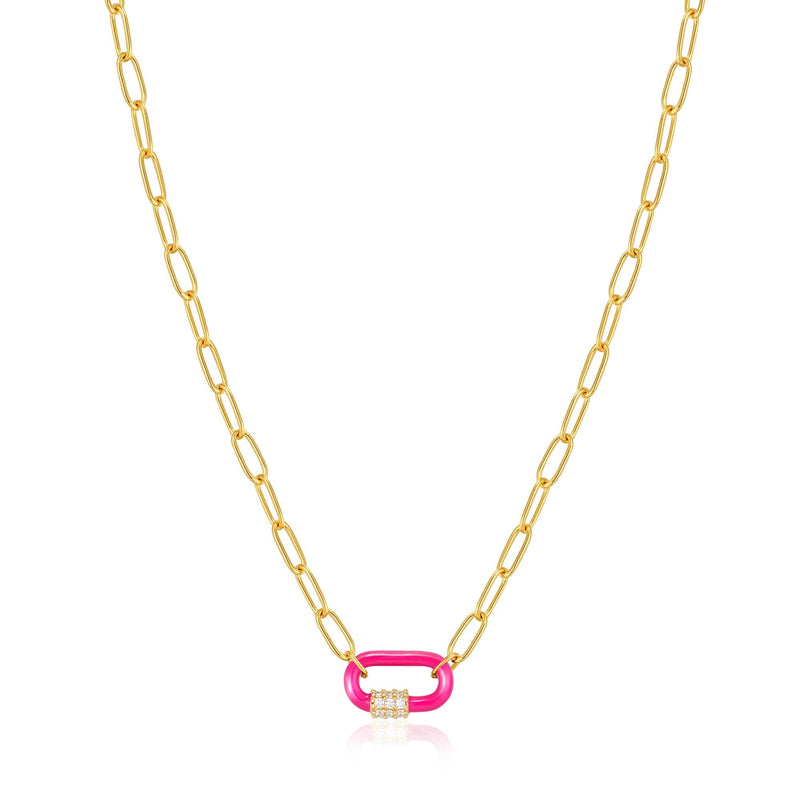 Ania Haie Neon Pink Enamel Carabiner Gold Necklace