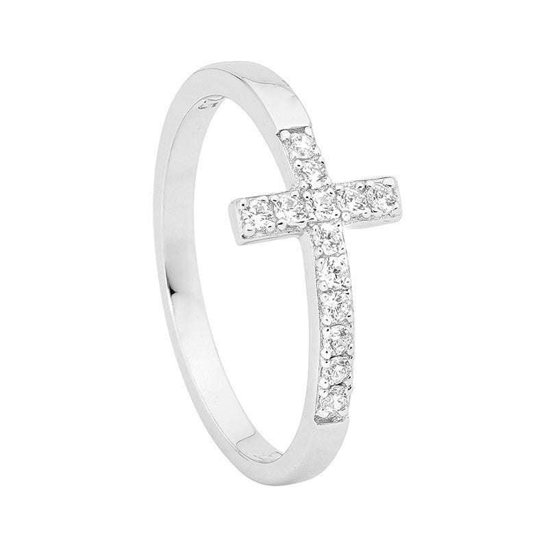 Ellani Sterling Silver Cross Ring w CZ R456