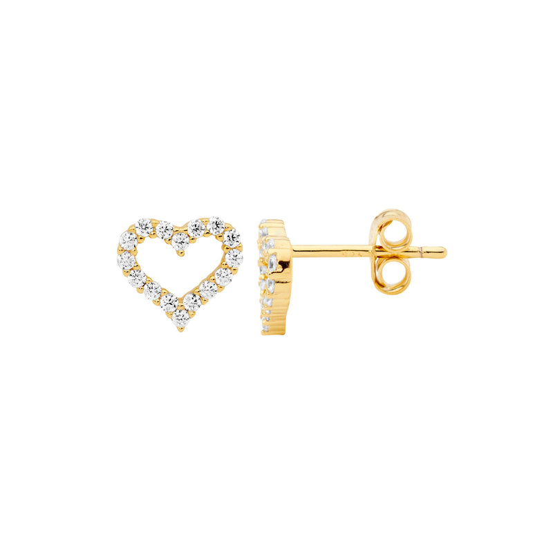 Ellani Sterling Silver CZ Set 8mm Open Heart Stud w Gold Plating E617G