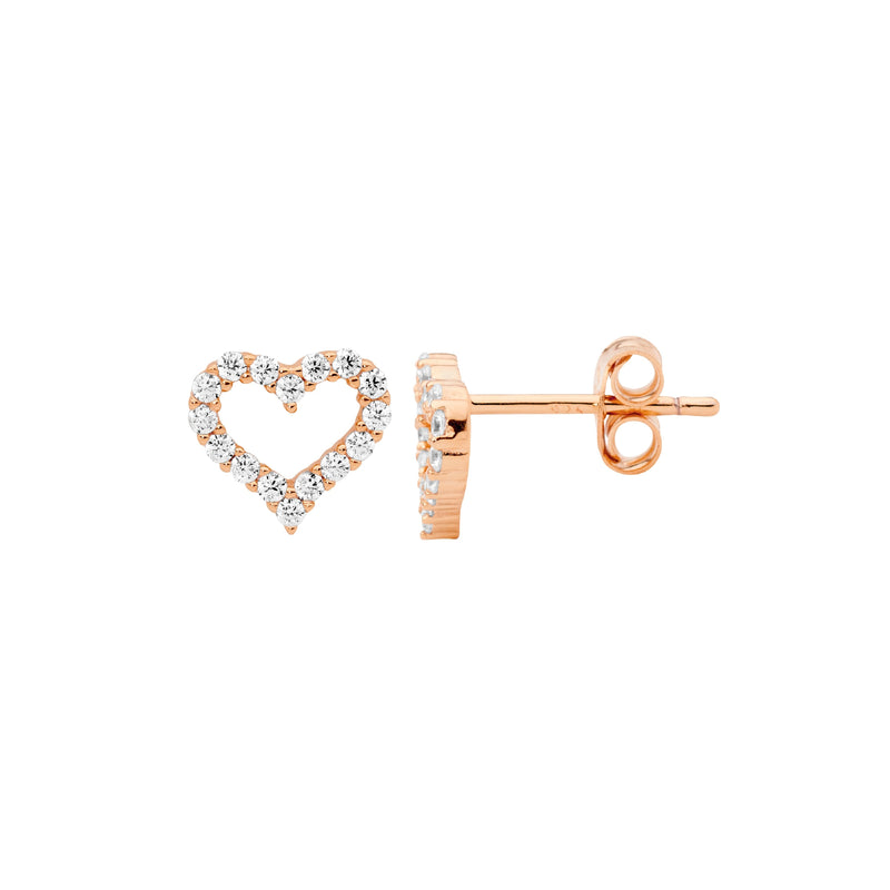 Ellani Sterling Silver CZ Set 8mm Open Heart Stud w Rose Gold Plating E617R