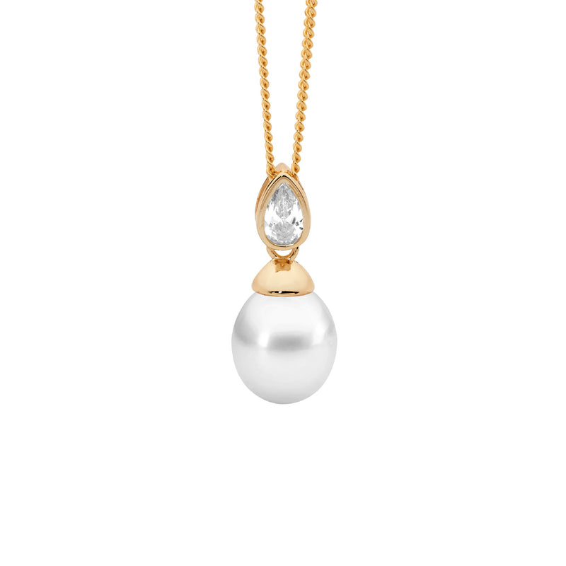 Ellani Sterling Silver Freshwater Pearl Pendant w Bezel Set Pear CZ & Gold Plating P891G