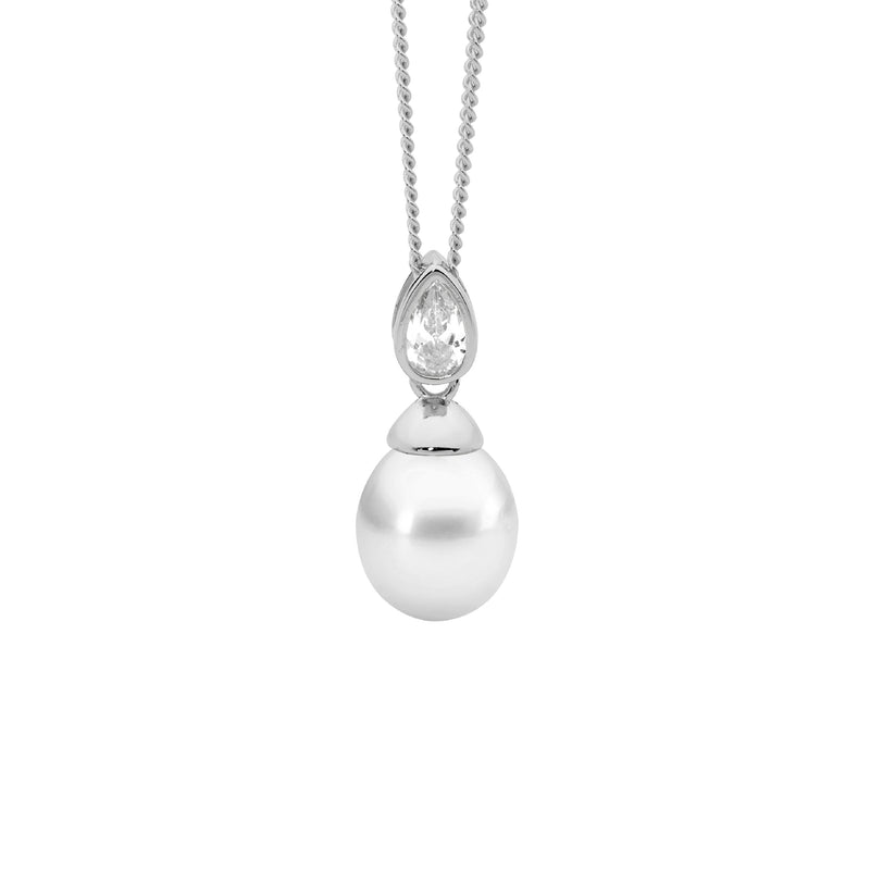 Ellani Sterling Silver Freshwater Pearl Pendant with Bezel Set Pear CZ P891S