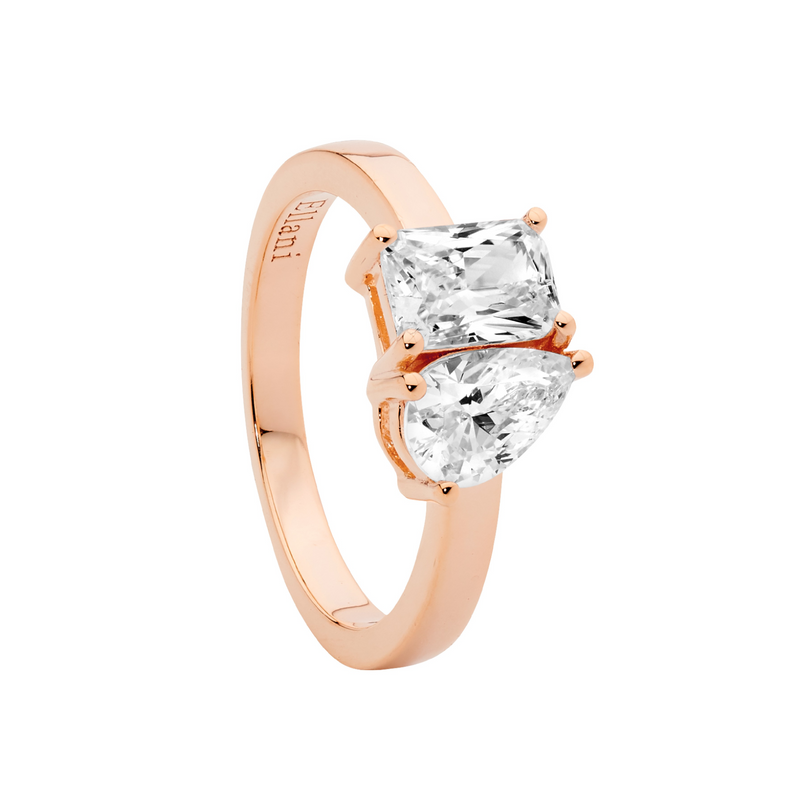 Ellani Sterling Silver "You & Me" CZ Ring With Rose Gold Plate R517R