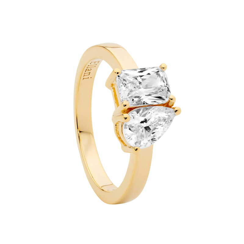 Ellani Sterling Silver "You & Me" CZ Ring With Yellow Gold Plate R517G