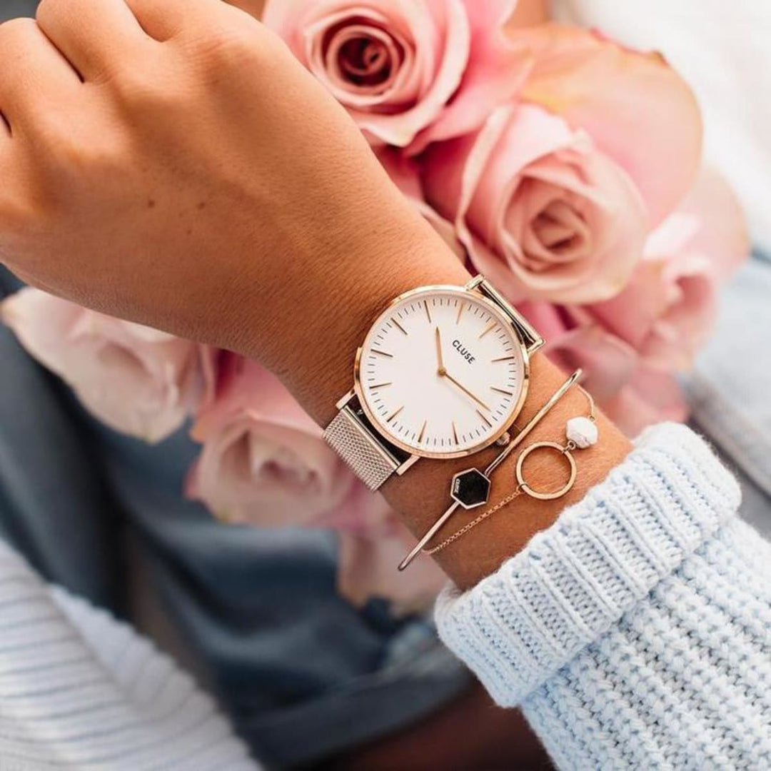 CLUSE Boho Chic Mesh Rose Gold White 38mm 150.00