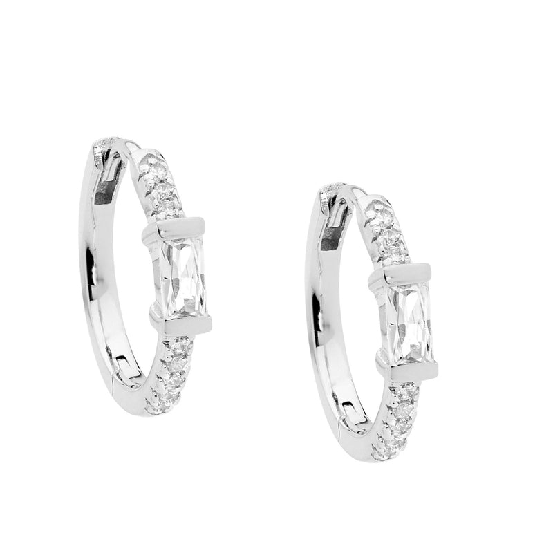 Ellani Sterling Silver 16mm Hoop Earrings w Baguette CZ E572S