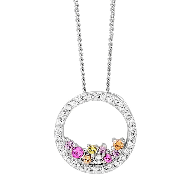 Ellani Sterling Silver Open Circle Pendant w Scattered Pastel Coloured CZ P868P